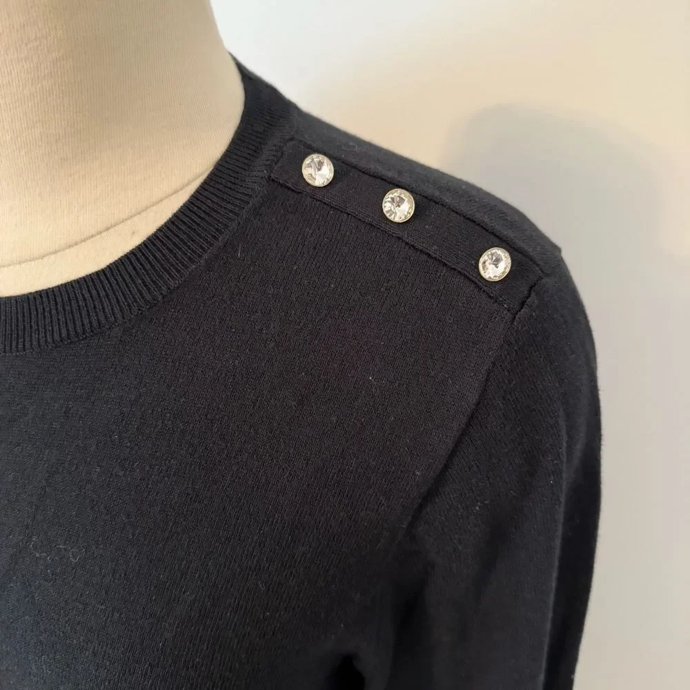 J. Crew Black Cotton Ruffle Rhinestone Sweater Size Large